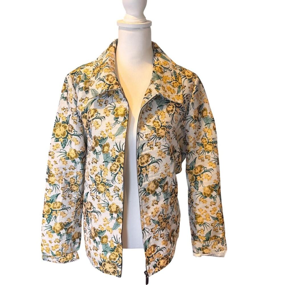 Dolce Cabo Yellow Floral Tapestry Zip Up Jacket XL Cream Green Vintage Style